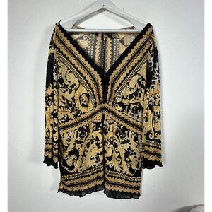 ECI New York Womens Baroque Print Tunic Top Size 3X Black Gold Long Sleeve Boho